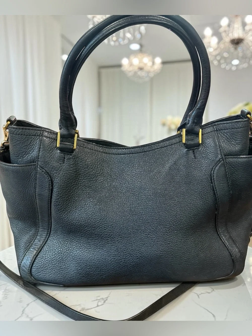Tory Burch Black Pebbled Leather Satchel with Gold Accents